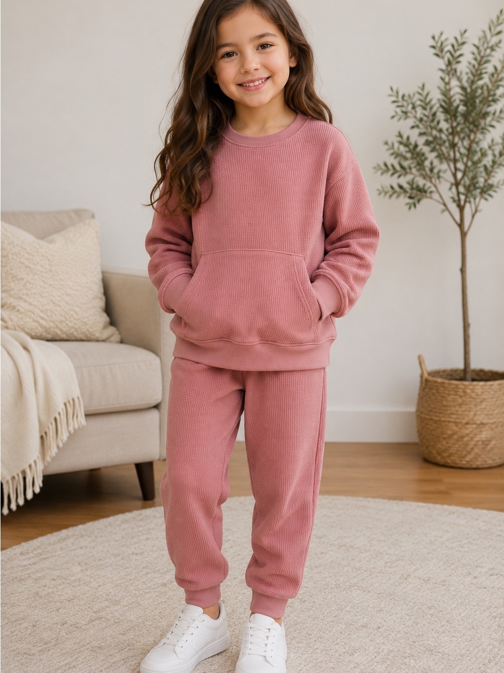Girls' Cozy Waffle Sweatshirt & Jogger Set - Dusty Rose